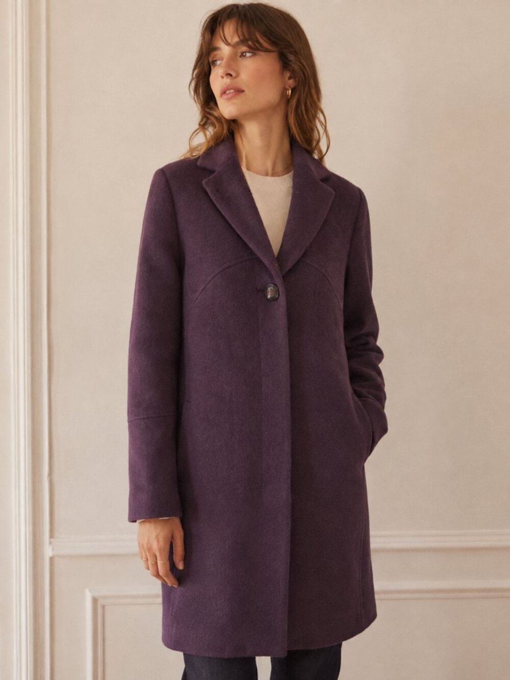 Womens Alpaca Wool Coat L Purple Plum Classic Tailored Long Jacket Vintage